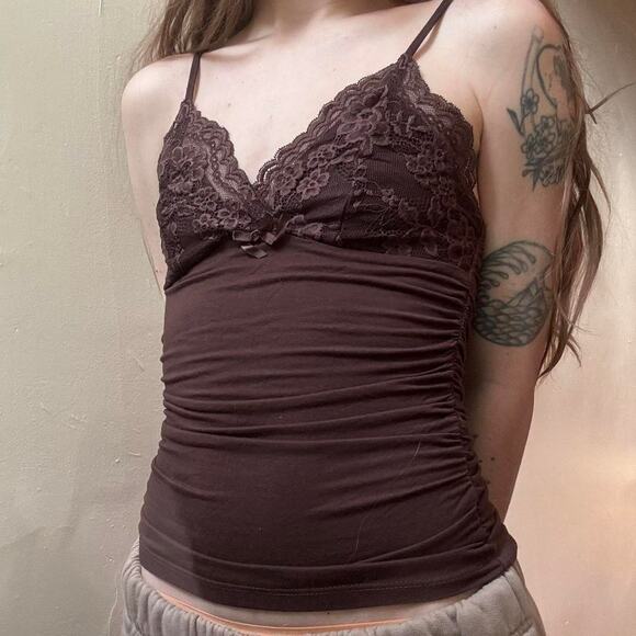 Vintage Y2K Brown Lace Camisole Ruched Small - Picture 2 of 2